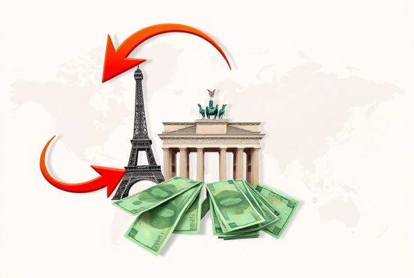 A dynamic illustration showing a flow of money between two countries. In the background, there are two prominent landmarks representing different nations (e.g., the Eiffel Tower for France and the Brandenburg Gate for Germany). In the center, large banknotes are depicted flying through the air, connected by arrows moving in both directions. The arrows are bold and curved, symbolizing the movement of money across borders. The background has a subtle map with outlines of continents, reinforcing the international theme. The colors are vibrant, with the money in shades of green, and the arrows in blue and red, creating a strong visual contrast