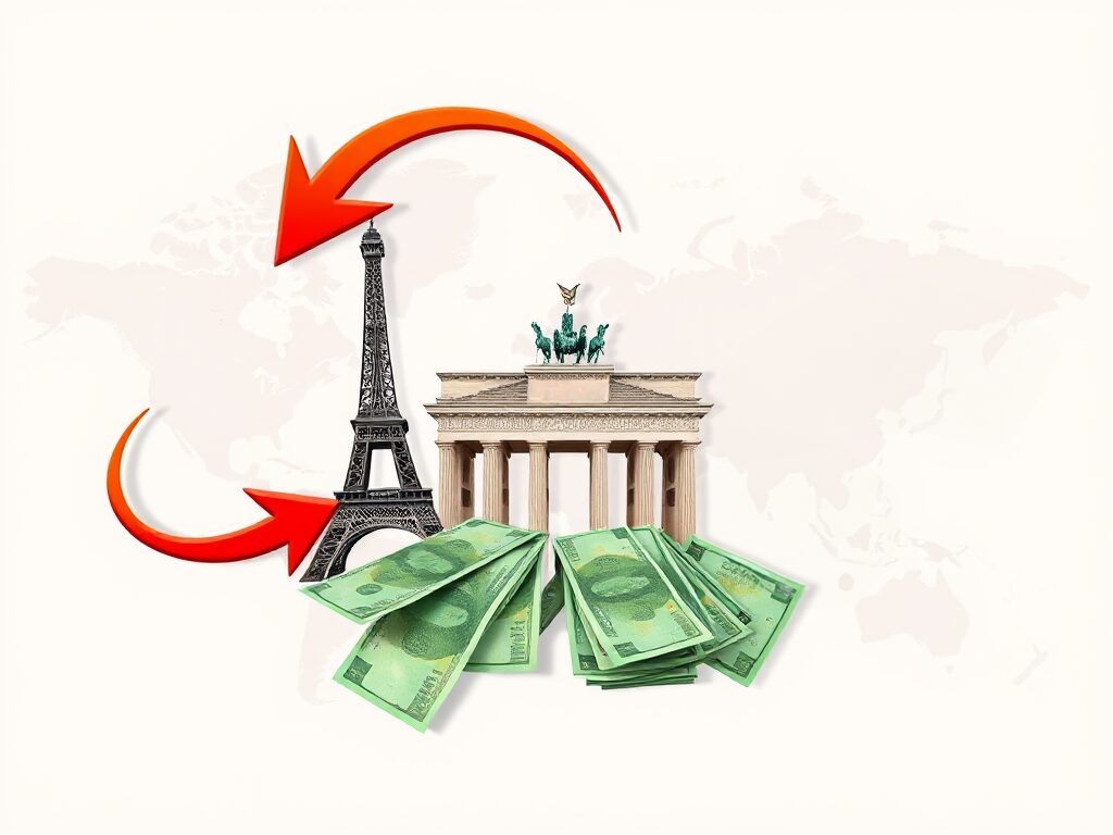 A dynamic illustration showing a flow of money between two countries. In the background, there are two prominent landmarks representing different nations (e.g., the Eiffel Tower for France and the Brandenburg Gate for Germany). In the center, large banknotes are depicted flying through the air, connected by arrows moving in both directions. The arrows are bold and curved, symbolizing the movement of money across borders. The background has a subtle map with outlines of continents, reinforcing the international theme. The colors are vibrant, with the money in shades of green, and the arrows in blue and red, creating a strong visual contrast