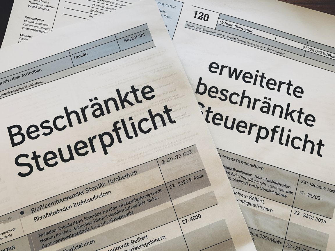 Zwei große Steuerdokumente nebeneinander, einer mit dem Titel „Beschränkte Steuerpflicht“ und dem anderen „Erweiterte beschränkte Steuerpflicht“.