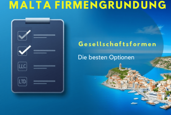 "A modern, professional thumbnail divided into two sections. On the left side, a sleek graphic with business elements: a checklist with options labeled 'Ltd' and 'LLC,' one highlighted to suggest the best choice. On the right side, a vibrant Malta theme: a stylized map of Malta or its iconic coastline with colorful buildings and clear blue skies. The overall color scheme is a blend of professional blue and white with subtle gold accents. Overlay text in bold, modern typography reads 'Malta Firmengründung' at the top and 'Die besten Optionen' at the bottom. The design is clean and eye-catching, perfect for a business-focused blog."