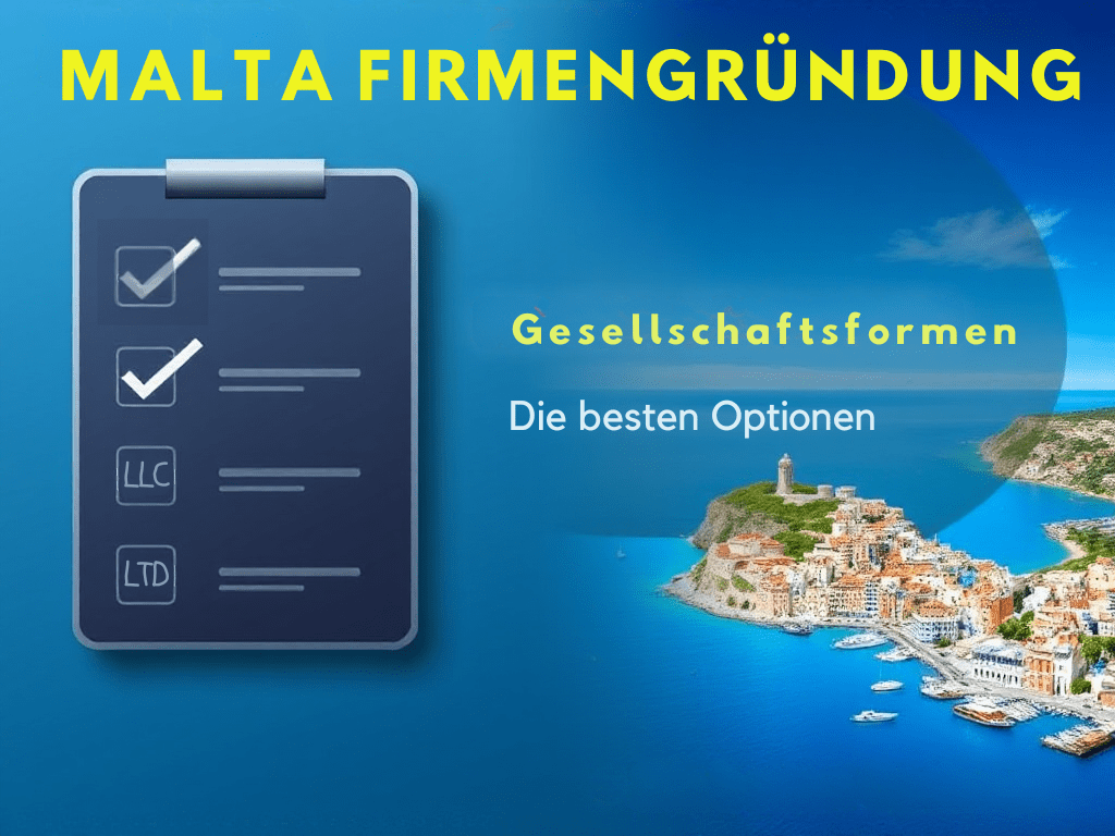 "A modern, professional thumbnail divided into two sections. On the left side, a sleek graphic with business elements: a checklist with options labeled 'Ltd' and 'LLC,' one highlighted to suggest the best choice. On the right side, a vibrant Malta theme: a stylized map of Malta or its iconic coastline with colorful buildings and clear blue skies. The overall color scheme is a blend of professional blue and white with subtle gold accents. Overlay text in bold, modern typography reads 'Malta Firmengründung' at the top and 'Die besten Optionen' at the bottom. The design is clean and eye-catching, perfect for a business-focused blog."